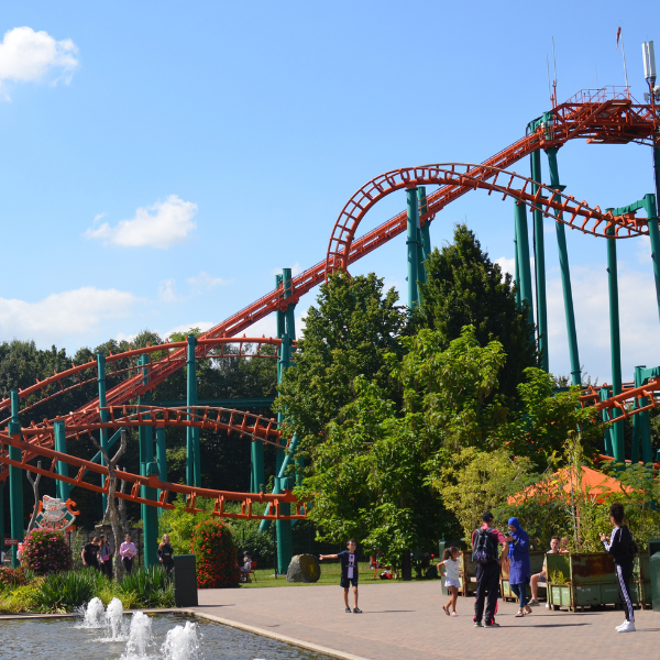 Image of an amusement park with trimmed trees.