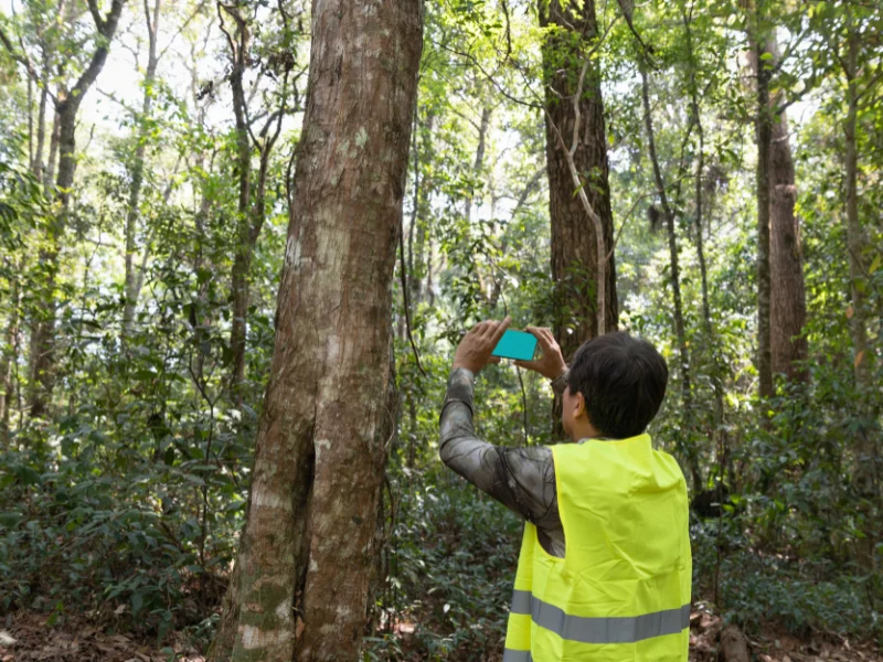 An image showing a property manager checking their property's zoning district documentation for tree laws.